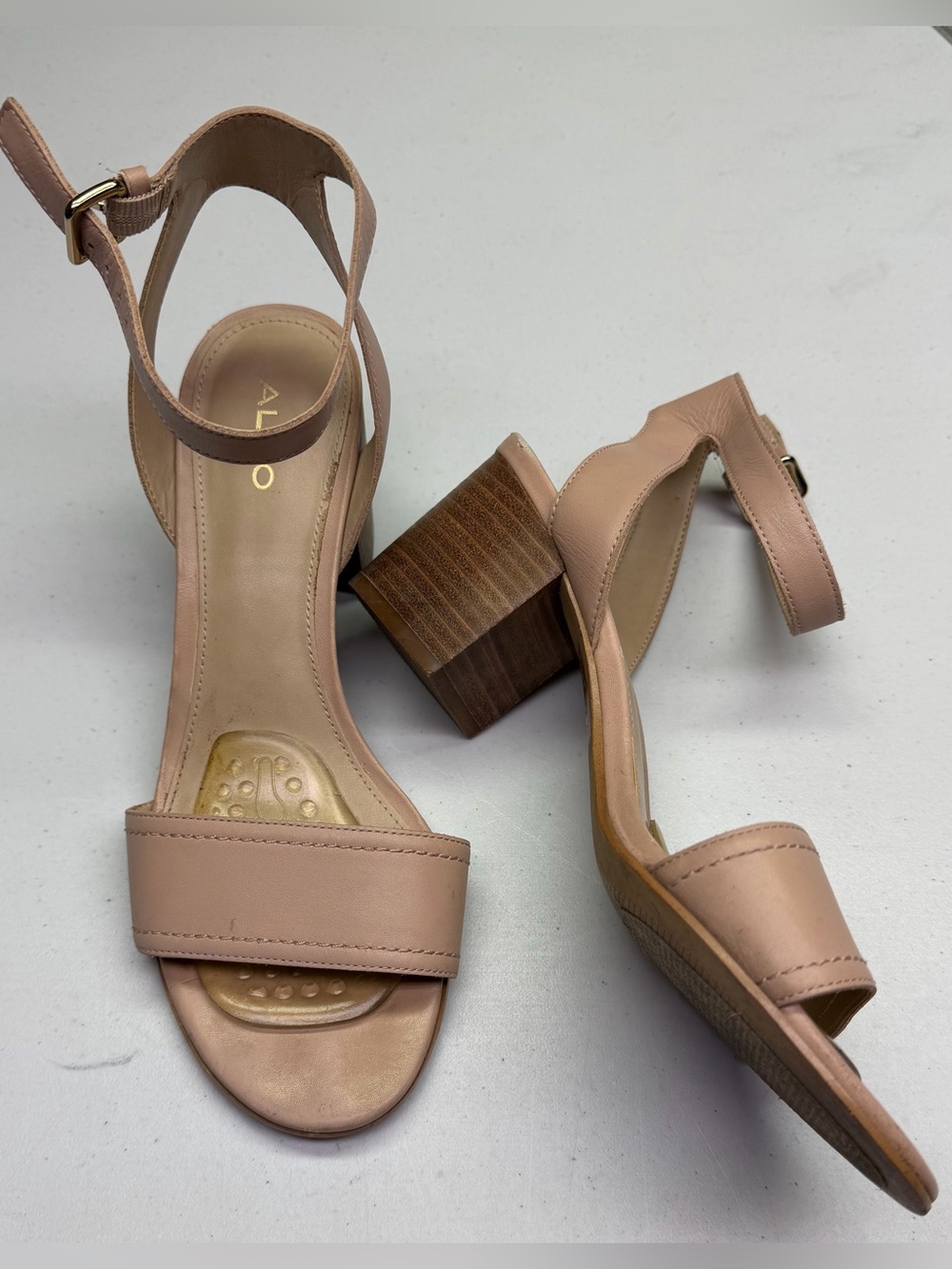 Aldo Lolla Nude Leather Ankle Strap Block Heel Sandal Size 8 Fall Sale